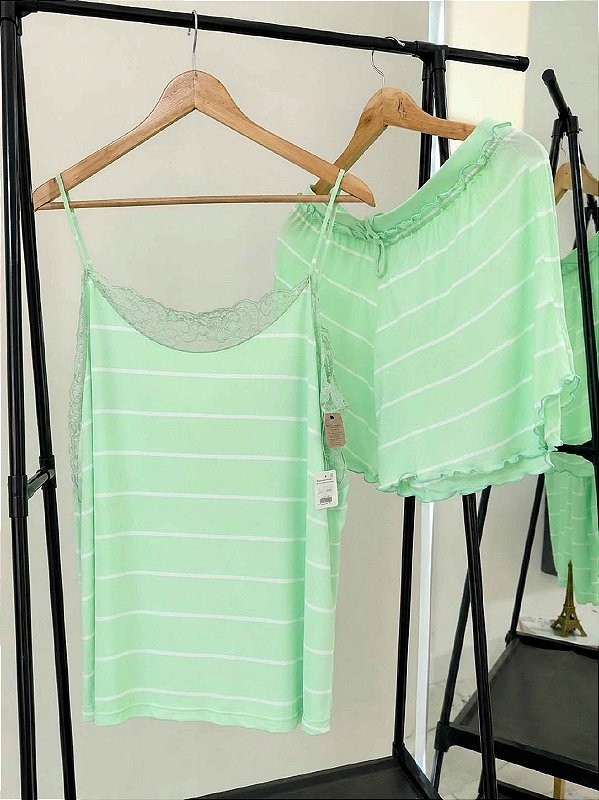Pijama de Verão com Alcinhas e Renda no Decote Cós Ajustavel Verde com Listras Brancas