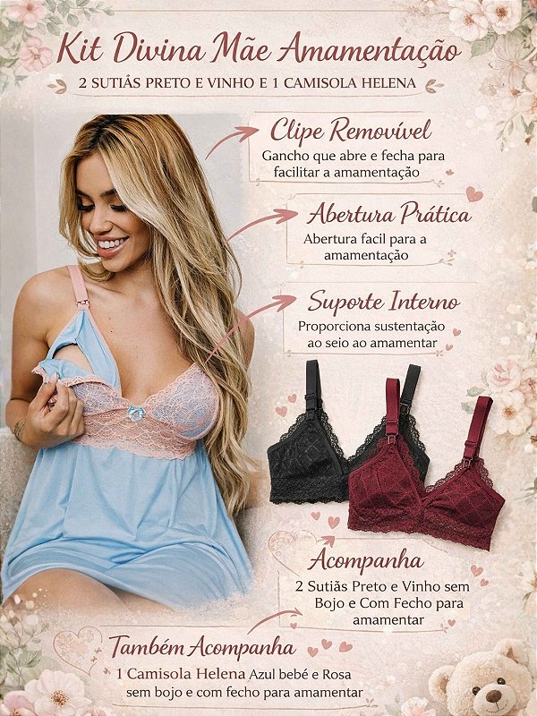 Kit Divina mãe amamentação- 2 Sutiãs renda Vinho e Preto 1 Camisola Helena