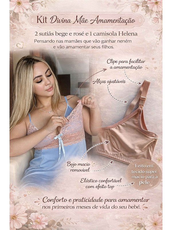Kit Divina mãe amamentação- 2 Sutiãs Comfy Bege e Rose 1 Camisola Helena