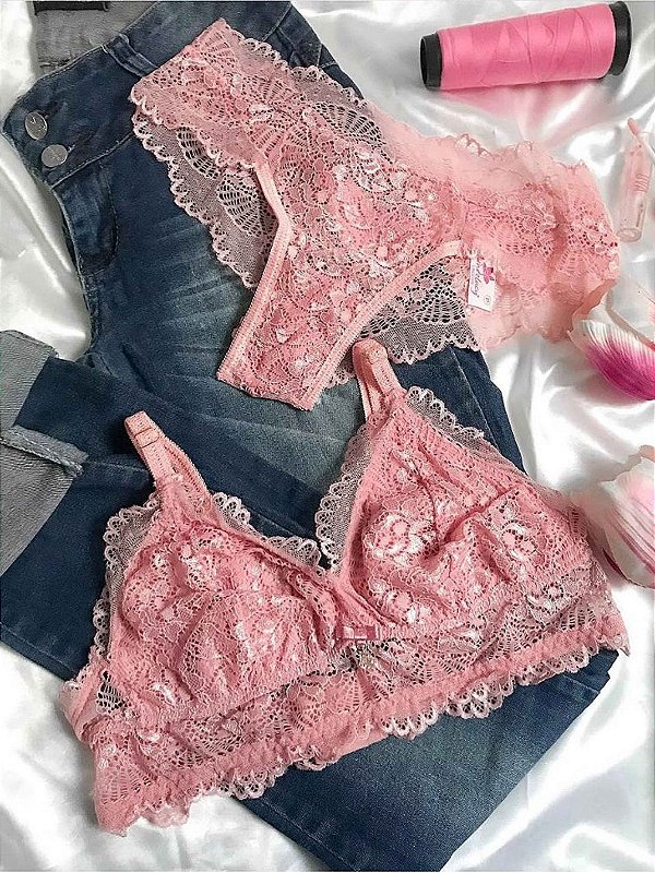 Conjunto Lingerie Romance em renda Rose