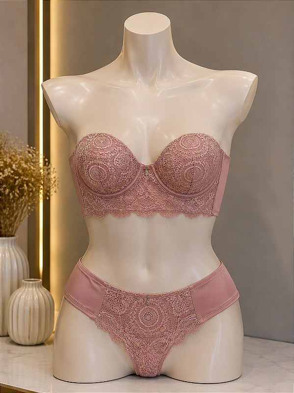 Conjunto Lingerie Charmosa com bojo em renda Rosa