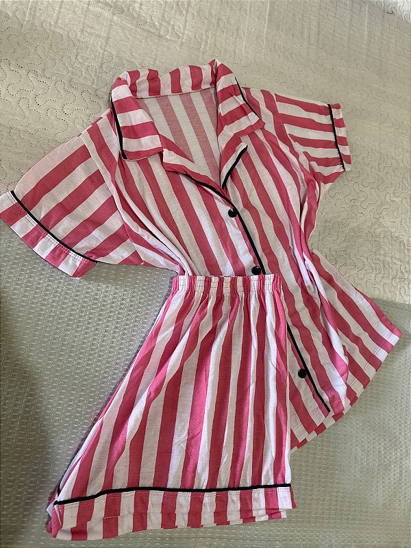 Pijama Americano Listrado Rosa com Branco