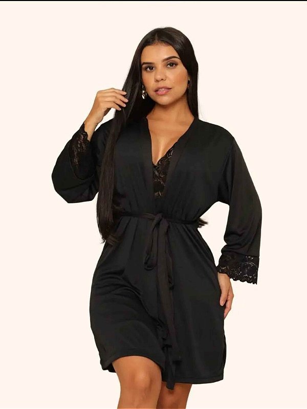 Robe Encanto Poliéster e Renda na manga Preto