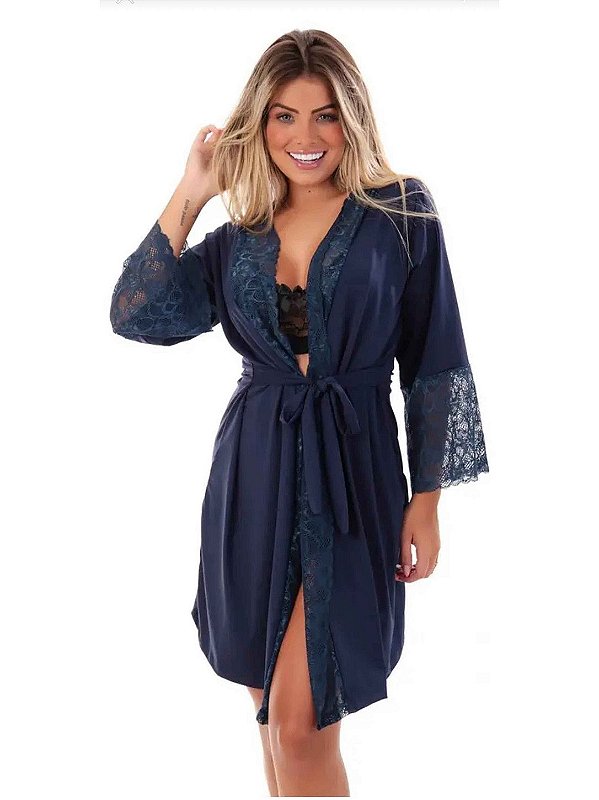 Robe Belle Nuit Microfibra e Renda Azul