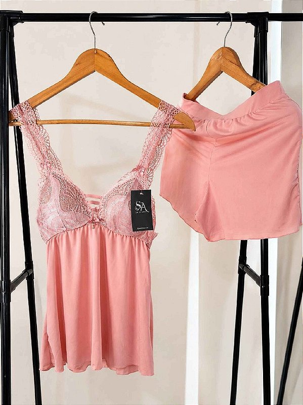 Short Doll Princesa em Renda Rosa com bojo