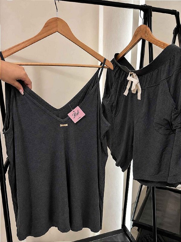 Pijama de Verão Thais Alcinha Viscolycra e Short com Cós Elastico Cinza