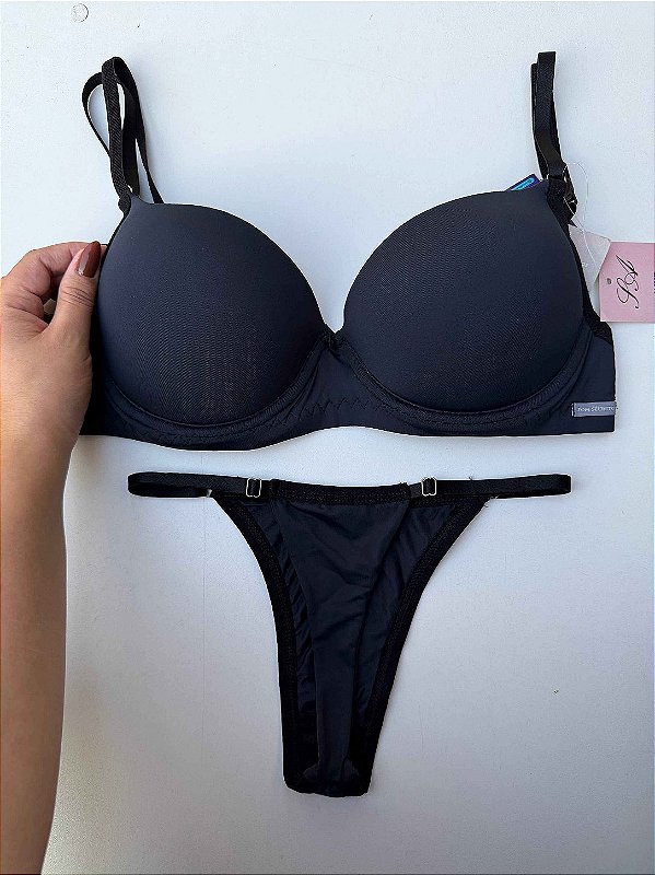 Conjunto Lingerie Básica com Bojo Bolha e Calcinha de Regulagem Multiformas Preto