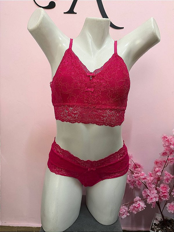 Conjunto Lingerie Desejada com Bojo e Calcinha Fio Duplo em Renda Pink