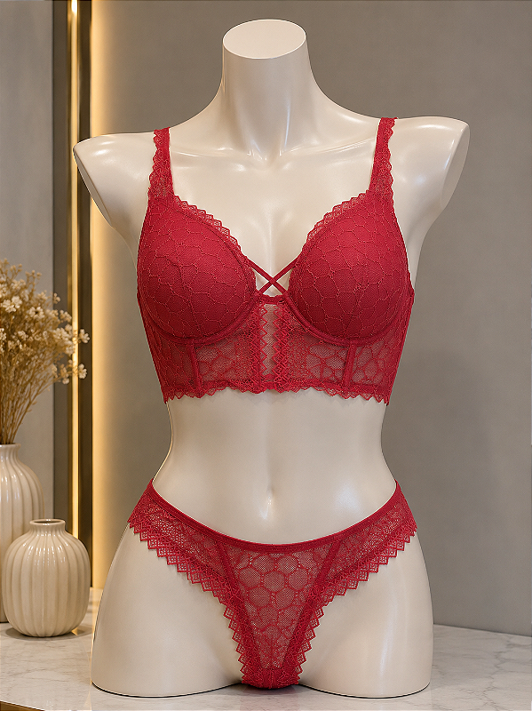 Conjunto Lingerie Cropped em Renda Pink