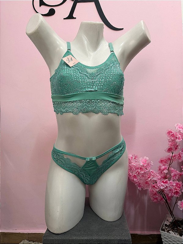 Conjunto Lingerie Delicado sem Bojo em Renda Floral Verde Água