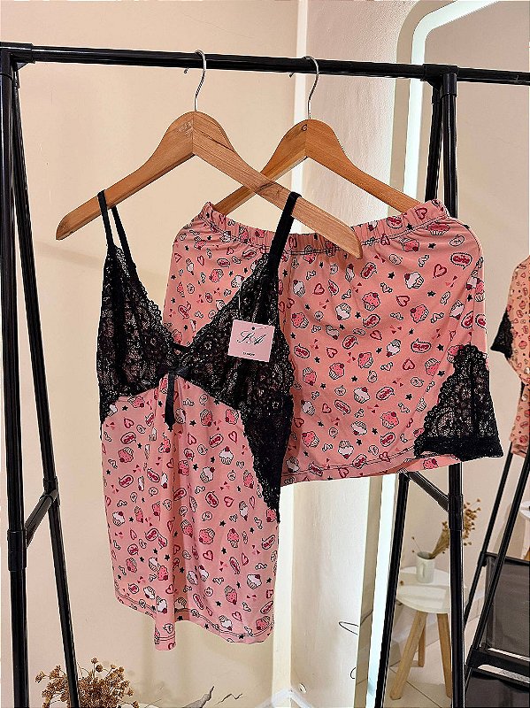 Pijama Baby Doll Feminino com Alças de Regulagem Estampado Fofo