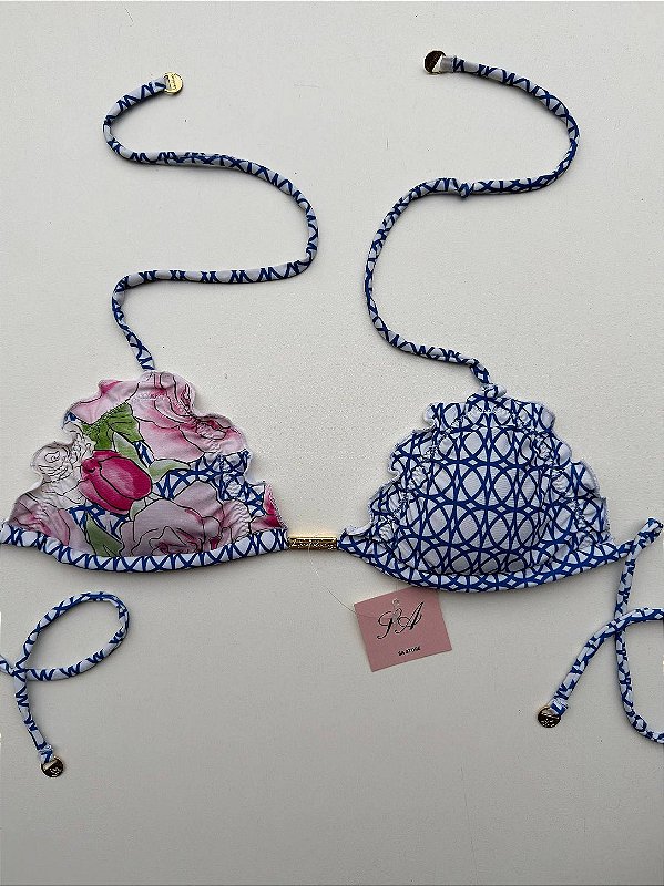 Top Biquini Cortininha Floral Azul com Bojo Removível e Amarração Ajustável