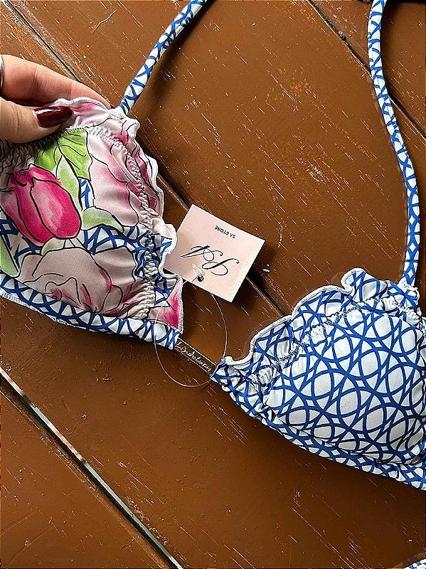 Top Biquini Cortininha Floral Azul