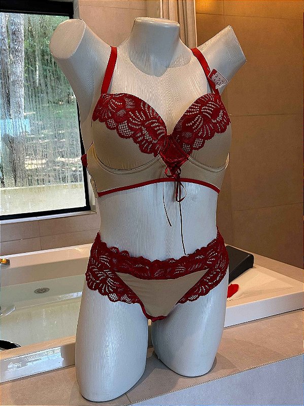 Conjunto Lingerie Diamante Vermelho com Bege