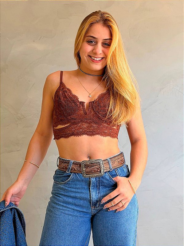 Conjunto Lingerie Expresso Marrom Cropped em Renda Sensual sem Bojo com Aro Calcinha Fio Duplo em renda Sexy