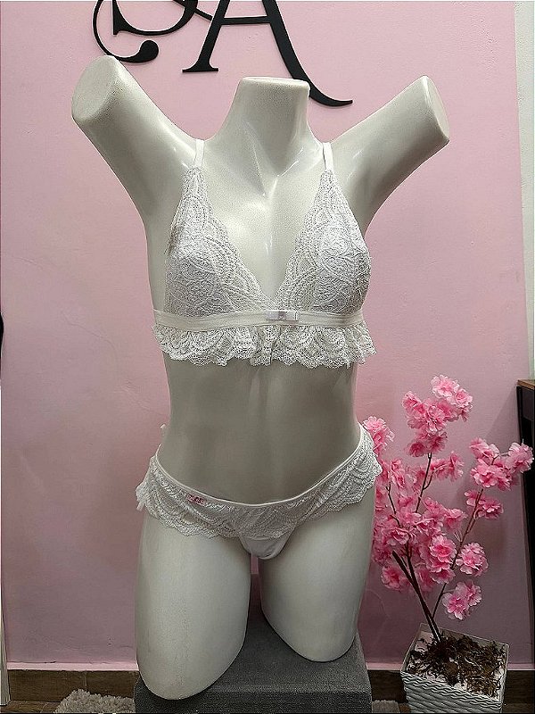 Conjunto Lingerie Fantasia Sensual Renda Branca Romance