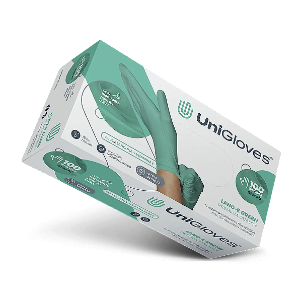 Luva Látex Lano-E Verde Green Unigloves Premium Sem Pó (CX com 100 UN)