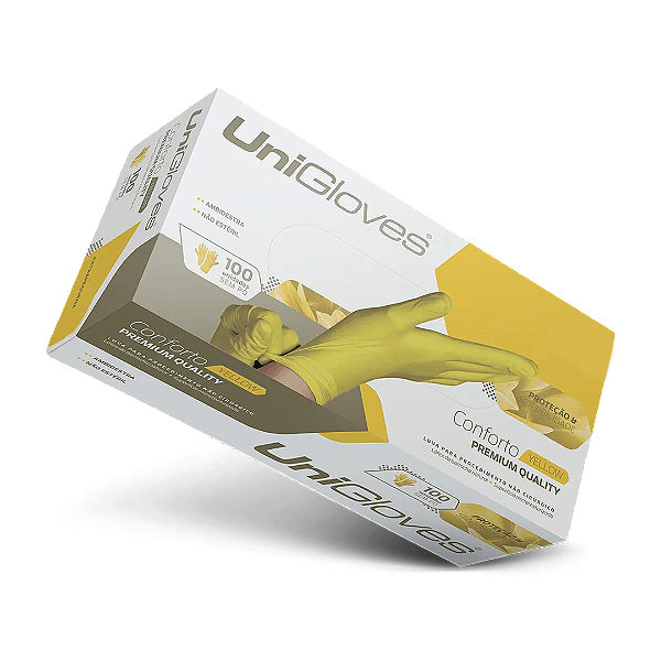 Luva Látex Amarelo Yellow Unigloves Premium Sem Pó (CX com 100 UN)