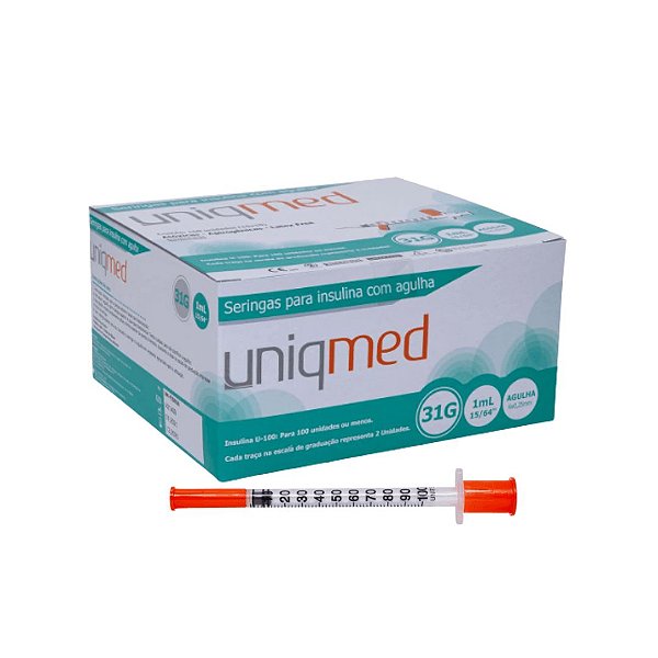 Seringa Insulina 1,0 mL 100UI Agulha 6mmx0,25mm 31g Caixa com 100un Uniqmed