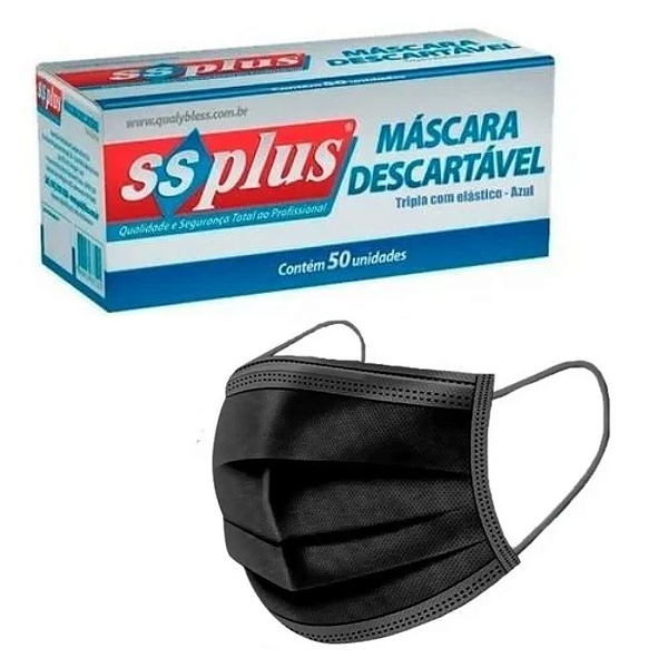 Máscara Descartável Cirúrgica Preta Tripla Camada C/ Elástico (c/ 50 Unidades) - SSplus