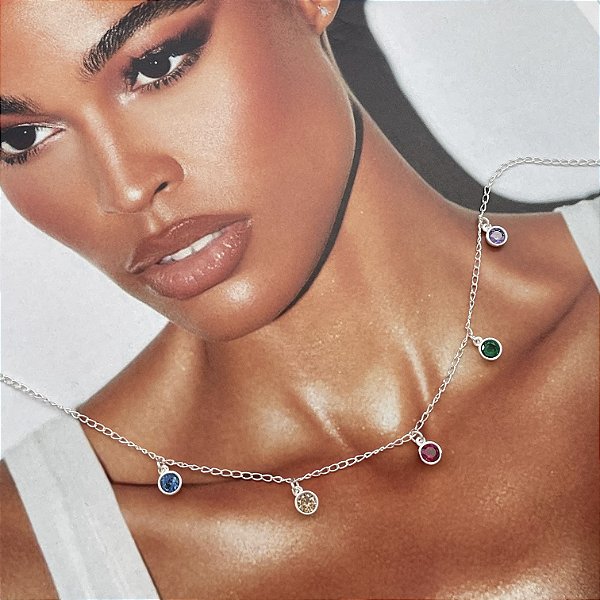 Colar Choker com 5 Pingentes Colors Prata 925