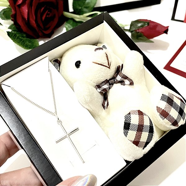 Kit Presente  Masculino  Corrente Grumet com Cruz Palito Prata 925