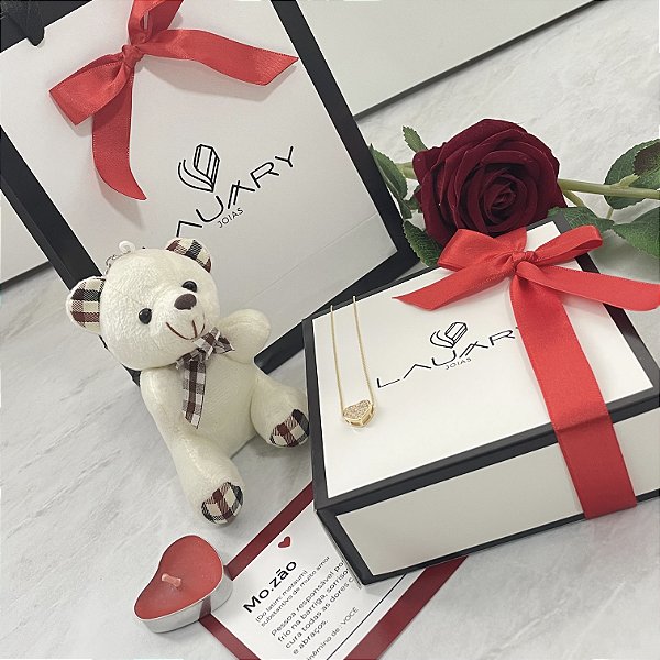 Kit Presente Feminino Colar Coração Semijoia Banho de Ouro 18k