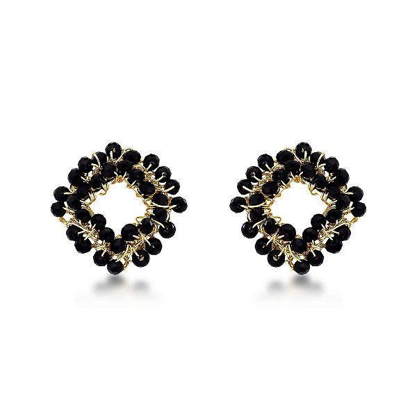 Brinco Crochê Helena Preto Semijoia Banho de Ouro 18k