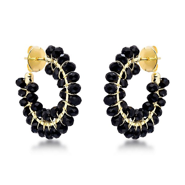 Brinco Crochê Carlota Preto Semijoia Banho de Ouro 18k