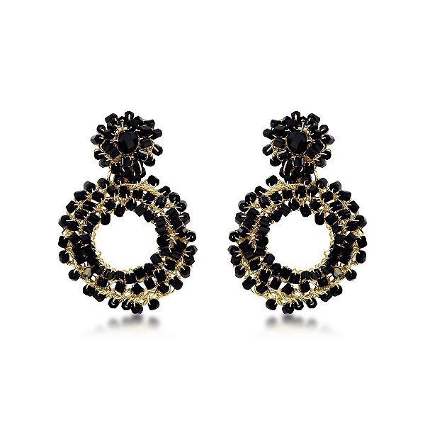 Brinco Crochê Julia Preto Semijoia Banho de Ouro 18k