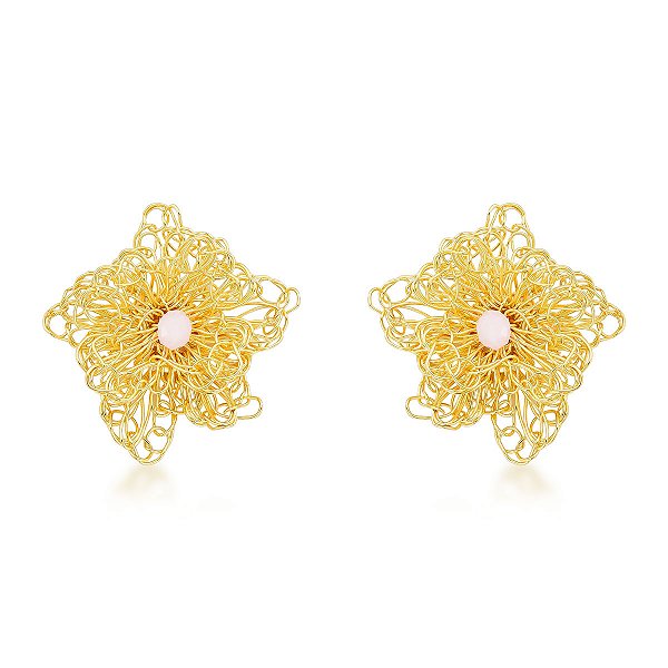 Brinco Crochê Flora Rosa  Semijoia Banho de Ouro 18k