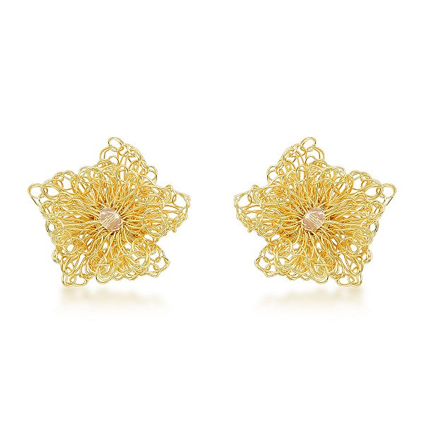 Brinco Crochê Flora Cristal Semijoia Banho de Ouro 18k