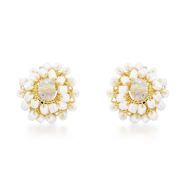 Brinco Crochê Amanda Branco Semijoia Banho de Ouro 18k