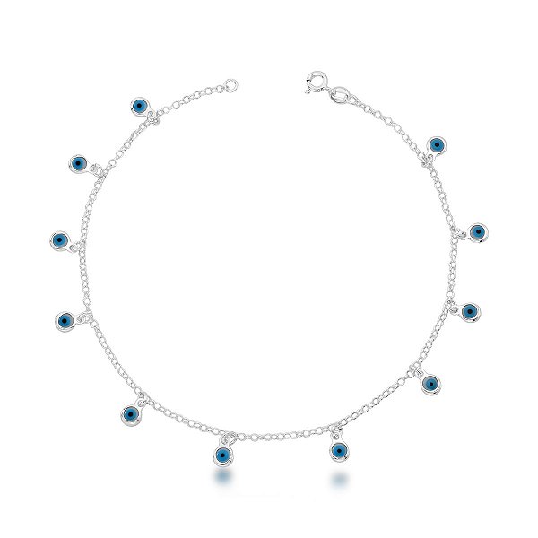 Tornozeleira Pingentes Olho Grego Azul Prata 925