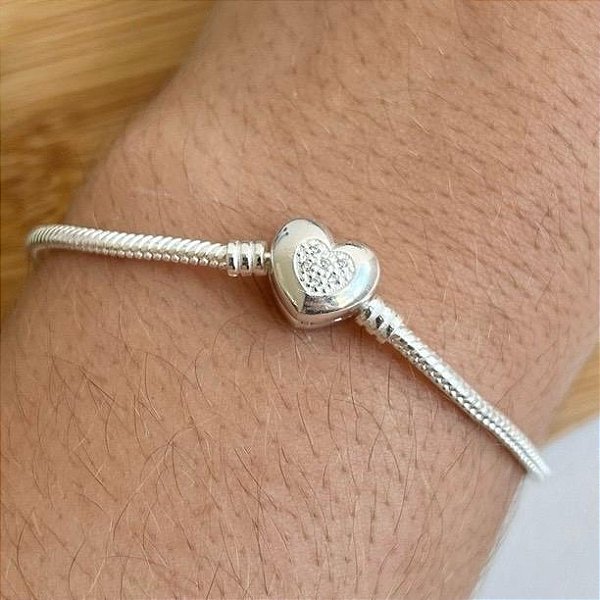 Pulseira de Berloques Coração Cravejado Trava de Segurança Prata 925