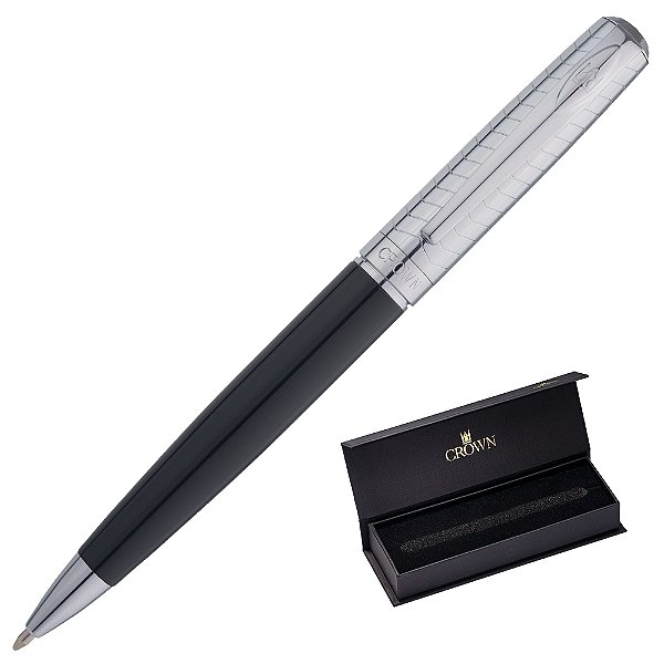 Caneta Crown Metal Conquist Esferográfica Preta e Prata