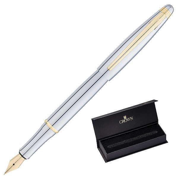 Caneta Crown Metal Prestige Tinteiro Prata