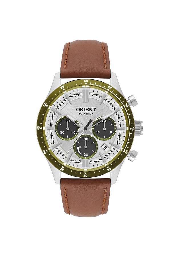 Relógio Orient Sport Masculino Cronógrafo Solar Fundo Prata Aro Verde MBSCC065 S1MX