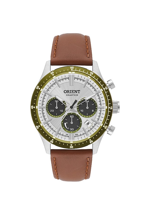 Relógio Orient Sport Masculino Cronógrafo Solar Fundo Prata Aro Verde MBSCC065 S1MX