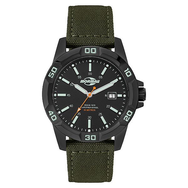 Relógio Mormaii Masculino Analógico Esportivo Aço Preto Pulseira Tecido Verde Oliva MO2317AF/2P