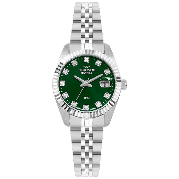 Relógio Technos Feminino Analógico Riviera Aço Prata Mostrador Verde 2015CFI/1V
