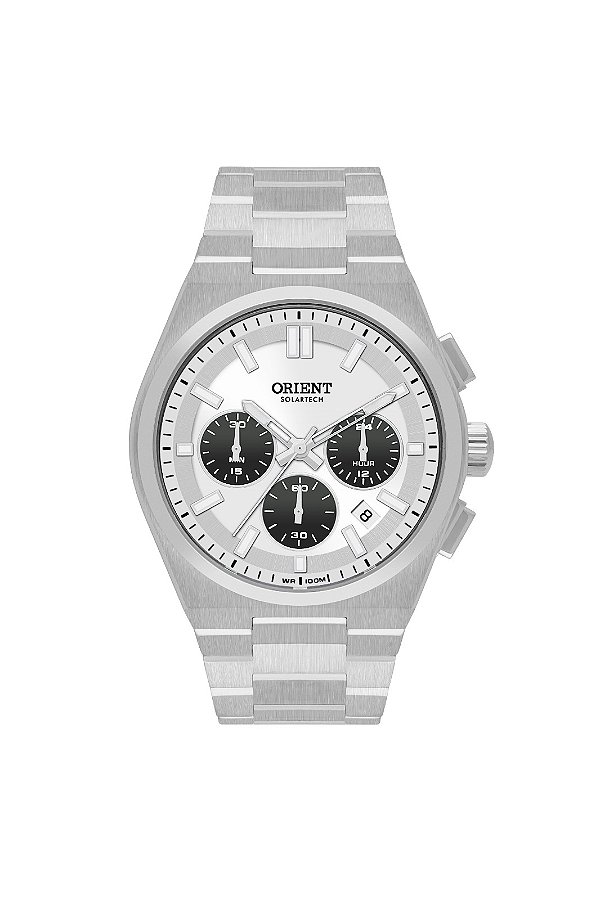 Relógio Orient Masculino Solartech Cronógrafo Prata Mostrador Panda MBSSC274 S1SX