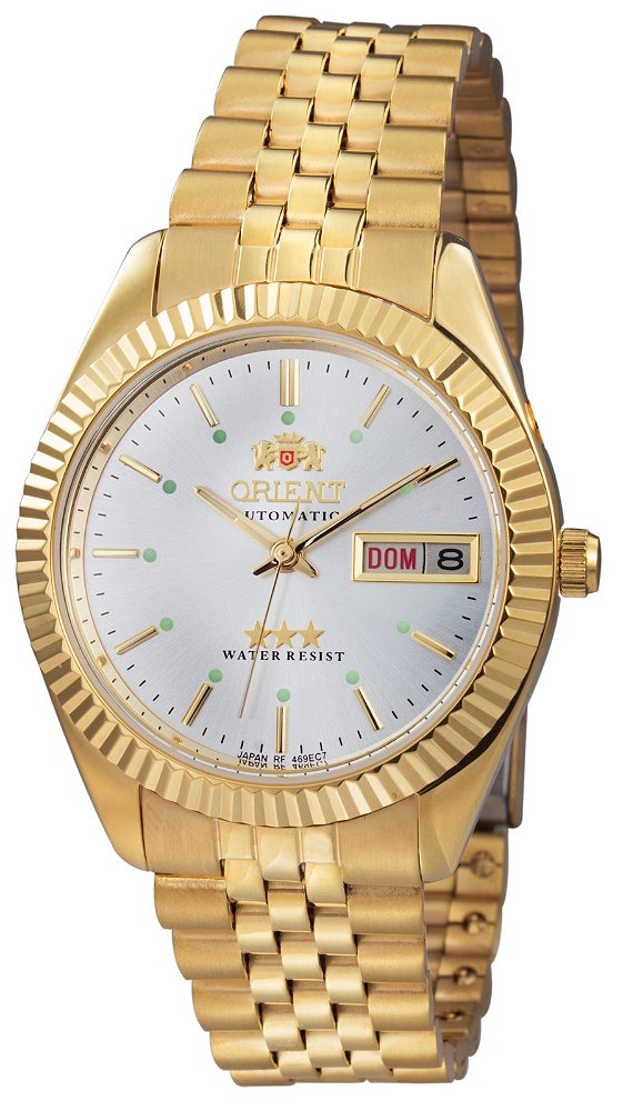 Relógio Orient Masculino Automático 3 Estrelas Aço Dourado Fundo Prata 469EC7NH B1KX