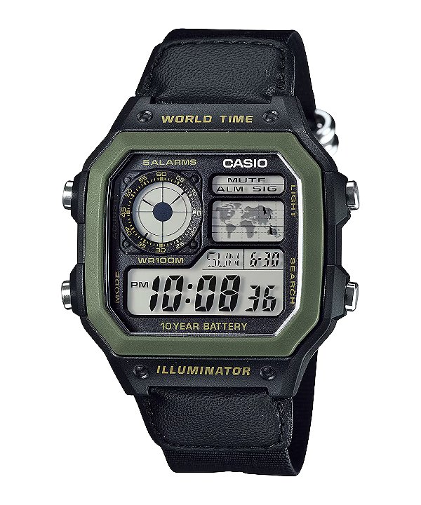 Relógio Casio Masculino Digital AE-1200WHB-1BVDF World Time 10 Anos Bateria Pulseira Tecido