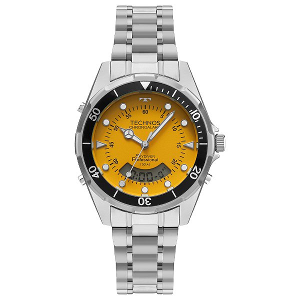 Relógio Technos Masculino Skydiver Analógico e Digital Aço Prata Fundo Amarelo WT2060AB/1Y