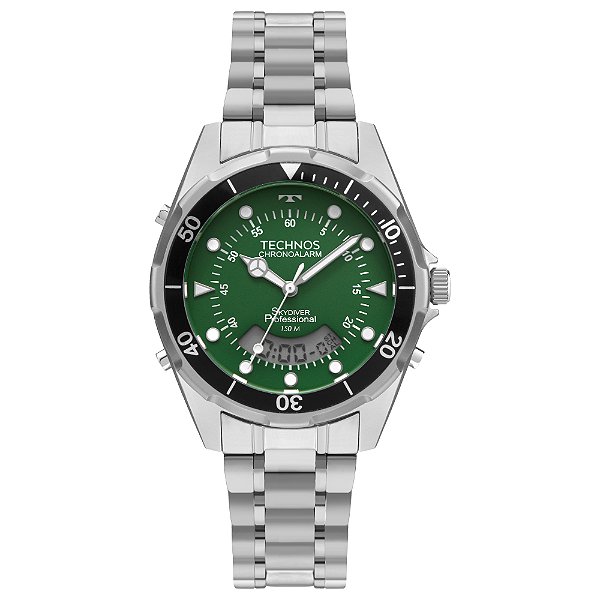 Relógio Technos Masculino Skydiver Anadigi Aço Prata Verde WT2060AB/1V Original