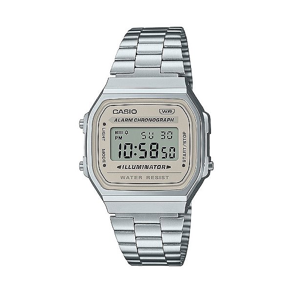 Relógio Casio Unissex Digital Vintage Illuminator Aço Prata Mostrador Claro A168WA-8AYDF-SC