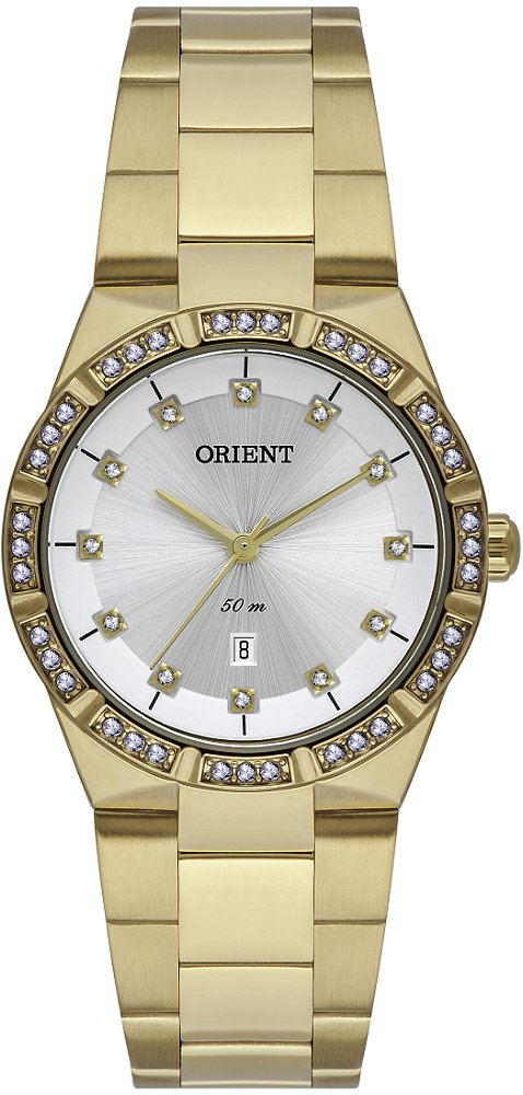 Relógio Orient Feminino Analógico Clássico Aço Dourado Com Cristais e Calendário FGSS1239 S1KX