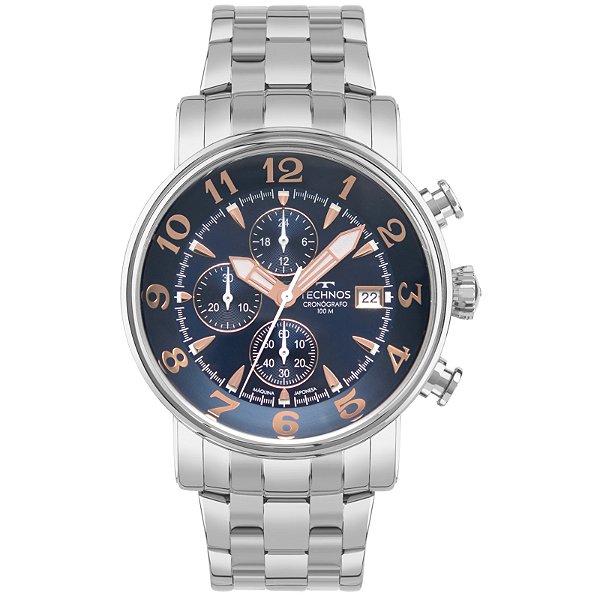 Relógio Technos Masculino Analógico Grandtech Cronógrafo Aço Prata Fundo Azul JS15EOG/1A