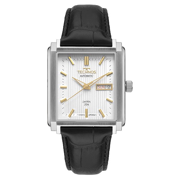 Relógio Technos Masculino Automático Dress Retangular Aço Safira Prata Couro Preto 8205PN/0K